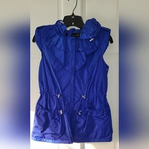 Elie Tahari Royal Blue Packable Hooded Ruffle Collar Cinch Waist Vest Size XS